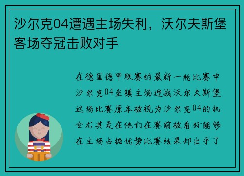 沙尔克04遭遇主场失利，沃尔夫斯堡客场夺冠击败对手