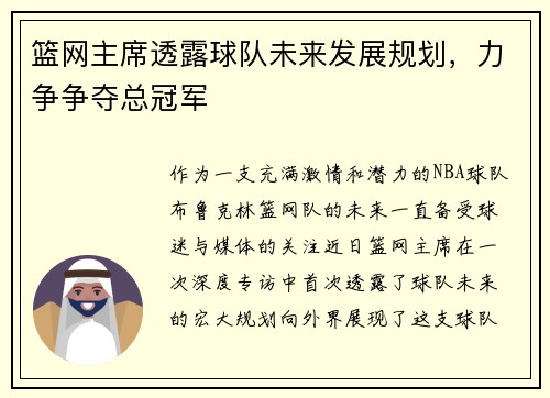 篮网主席透露球队未来发展规划，力争争夺总冠军